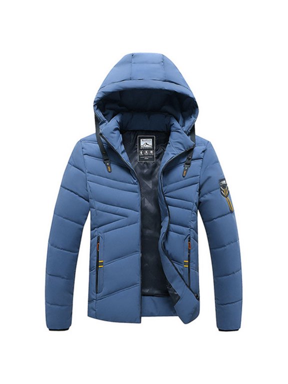 Men's Hooded Collar Winter Casual Padded Cotton Jacket Blue XXL