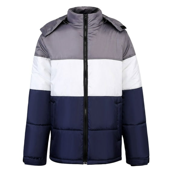 Lyinloo Men's Hooded Detachable Zipper Cardigan Color Block Warm Cotton Coat Navy XL
