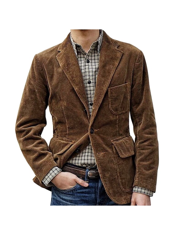 Men's New England Solid Color High Quality Casual Corduroy Single Breasted SuitKhaki S