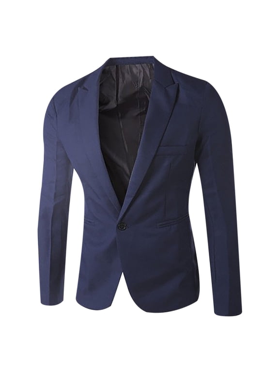 Men's Single Button Solid Color Casual Business Suit Top Navy XL