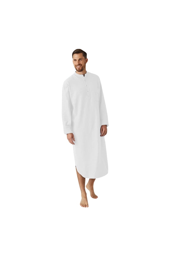 Mens Long-Sleeve Button-Down Solid Color Printshirt Stylish Nightgown