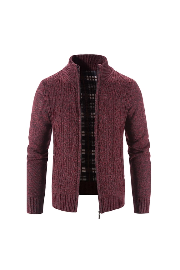 Mens Zip Up Knitted Cardigan Thick Sweater Stand Collar Fleece Lined Warm