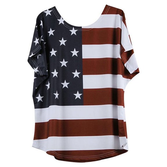 Lyinloo Plus Size Women Fashion Loose Blouse Star Stripe USA Flag America T-Shirt Red 2XL