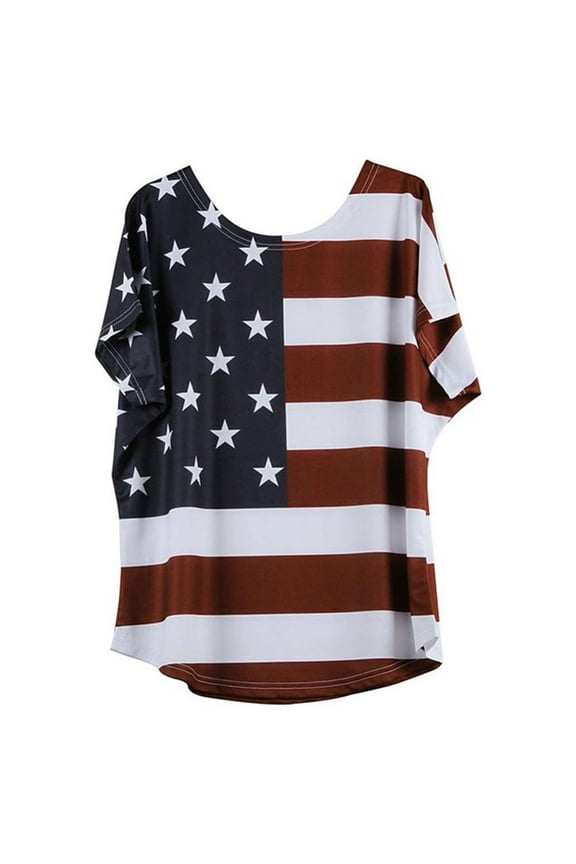 Plus Size Women Fashion Loose Blouse Star Stripe USA Flag America T-Shirt Red 2XL