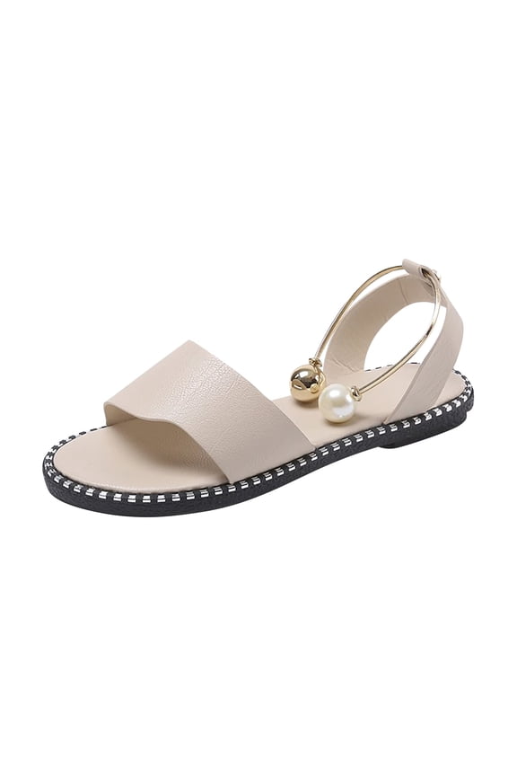 Sandals Women Flat Slippers Open Toe Pearl Comfy Beach Roman Shoes Flip Flop Beige 40
