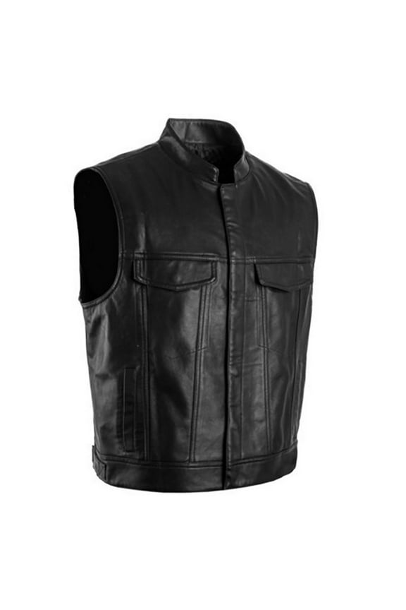 Solid Color Vest Motorcycle Stand Up Collar Leather Vest Team Punk Vest Black M