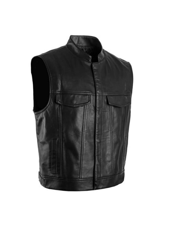 Solid Color Vest Motorcycle Stand Up Collar Leather Vest Team Punk Vest Black S