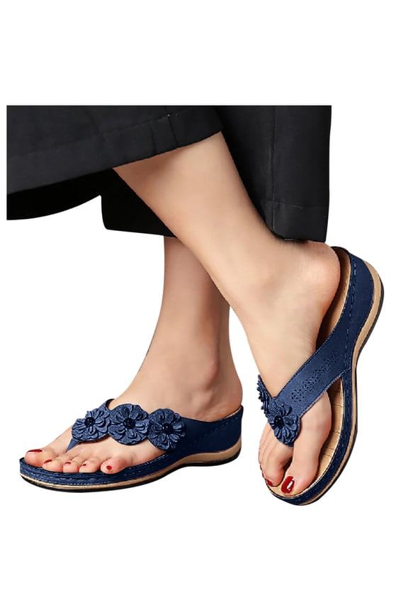 Stretch Orthotic Slide Sandals Cross Sandals Woven Beach Wedge Slippers Shoes Navy 36