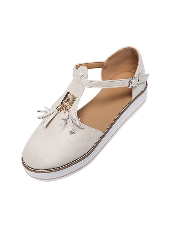 Summer Tassel Baotou Hollow T-shaped Platform Shoes Suede Buckle Sandals Beige 37
