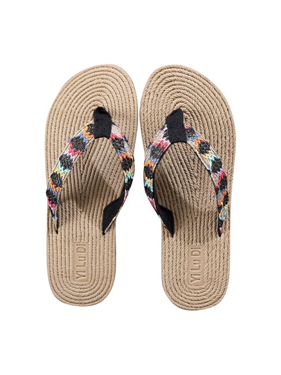 Summer Women Seaside Imitation Straw Flip Flops Fashion Flat Beach Flip Flops Black 38