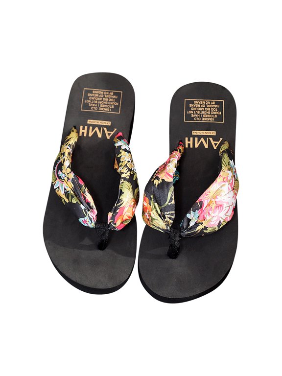 Summer Womens Cloth Belt Thick-soled Slope With Flip Flops Beach Shoes Slippers Black 36