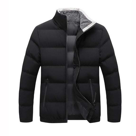 Lyinloo Winter Coat Down Cotton Jacket Men's Solid Color Short Coat Stand Collar Cotton Jacket Black XXL
