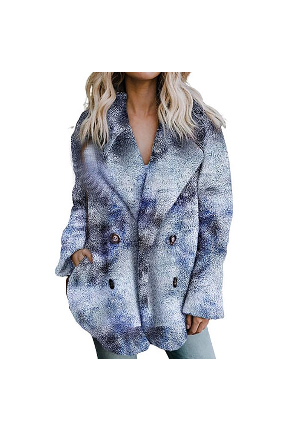 Winter Warm Cardigan For Women Lapel Overcoat Fleece Open Front Coat With Pockets Printing Outerwear Blue XL