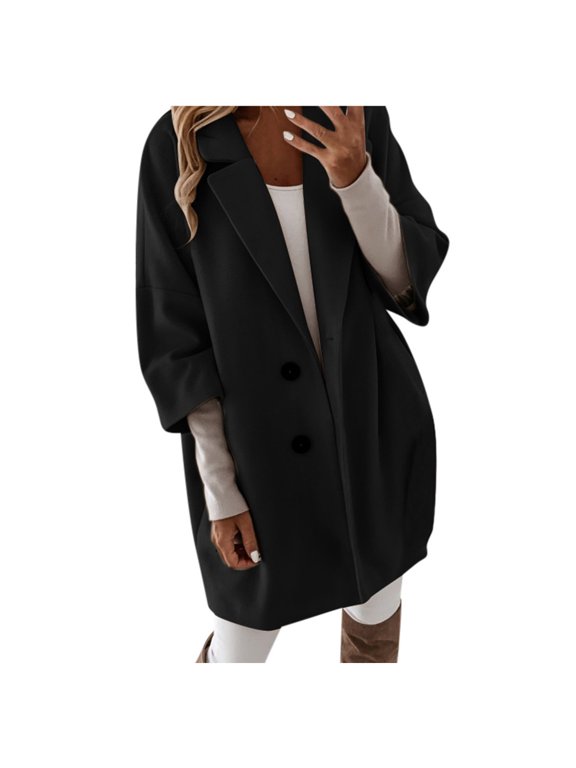 Woman Artificial Wool Elegant Blend Coat Slim Female Long Coat Outerwear Jacket Black L