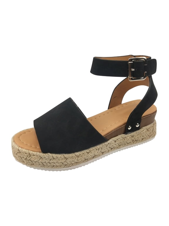 Woman Summer Sandals Open Toe Casual Platform Wedge Shoes Casual Canvas Shoes Black 37