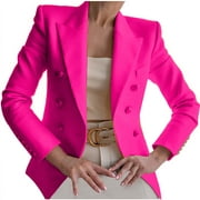 Lyinloo Women Buttons Long Sleeve Solid Office Coat Cardigans Suit Jacket Long Outwear Hot Pink XL