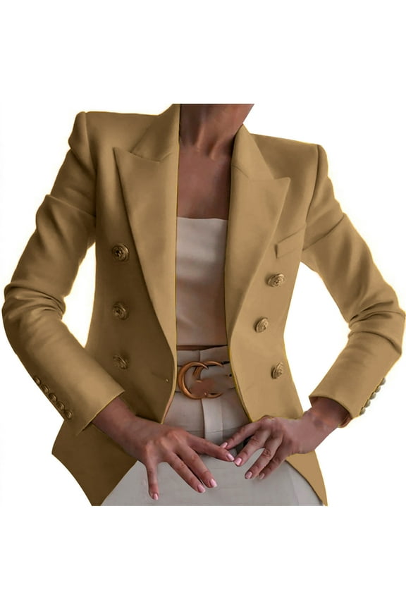 Women Buttons Long Sleeve Solid Office Coat Cardigans Suit Jacket Long Outwear Khaki XXL