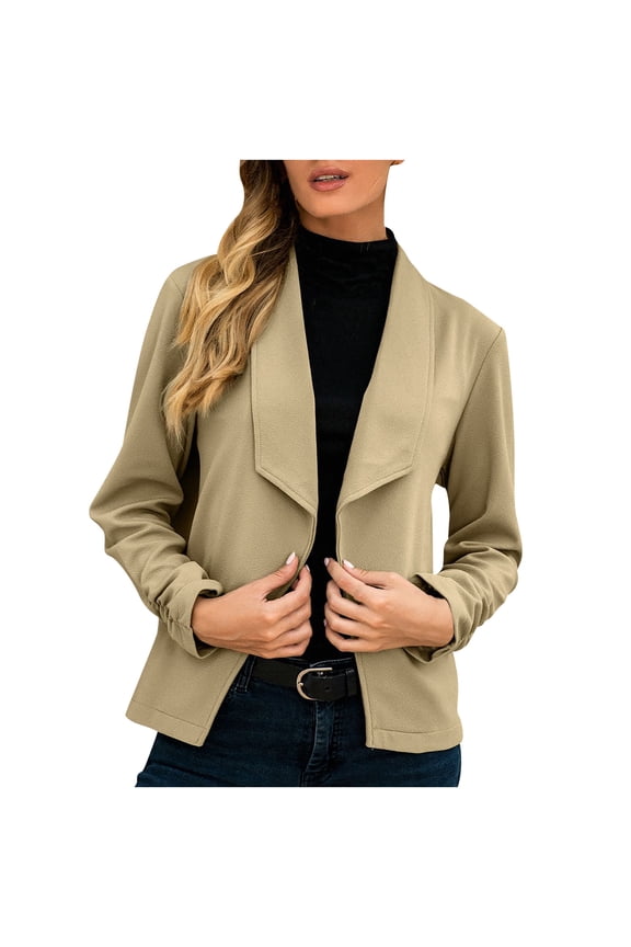 Women Casual Fashion Solid Color Long Sleeve Slim Jacket Suit Beige XXL