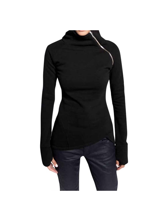 Women Casual Solid Blouse Long Sleeve Pullover Turtleneck Zipper Sweatshirt Tops Black S