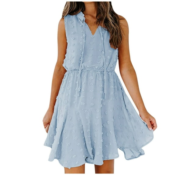 Lyinloo Women Chiffon Pom V-Neck Solid Sleevless Drawstring Short Skirt Mini Dress Blue S