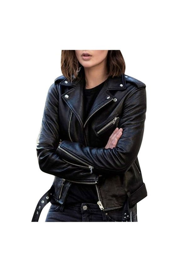 Women Cool Faux Leather Jacket Long Sleeve Zipper Fitted Coat Fall Short Jacket Black L