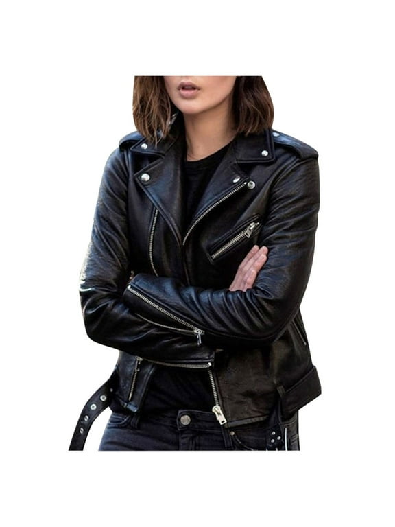 Women Cool Faux Leather Jacket Long Sleeve Zipper Fitted Coat Fall Short Jacket Black XL