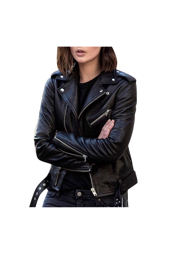 Women Cool Faux Leather Jacket Long Sleeve Zipper Fitted Coat Fall Short Jacket Black XXL