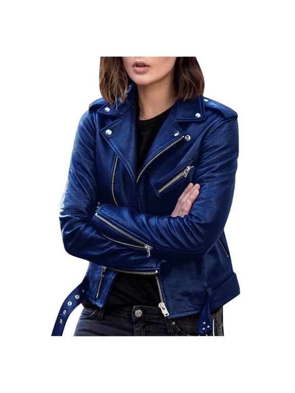 Women Cool Faux Leather Jacket Long Sleeve Zipper Fitted Coat Fall Short Jacket Blue XXXXL