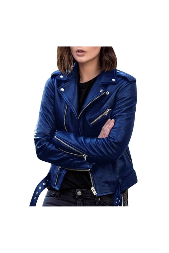 Women Cool Faux Leather Jacket Long Sleeve Zipper Fitted Coat Fall Short Jacket Blue XXXXL