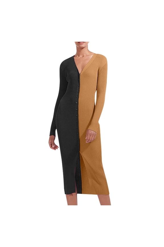 Women Fashion Autumn And Winter Soild Long Sleeve V-Neck Casual Dress Brown S