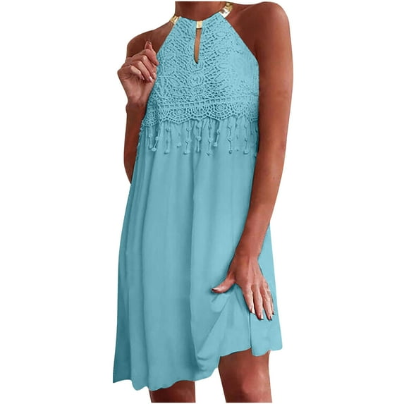 Lyinloo Women Fashion Halter Solid O-Neck Appliques Butterfly Printing Sleeveless Dress Green S