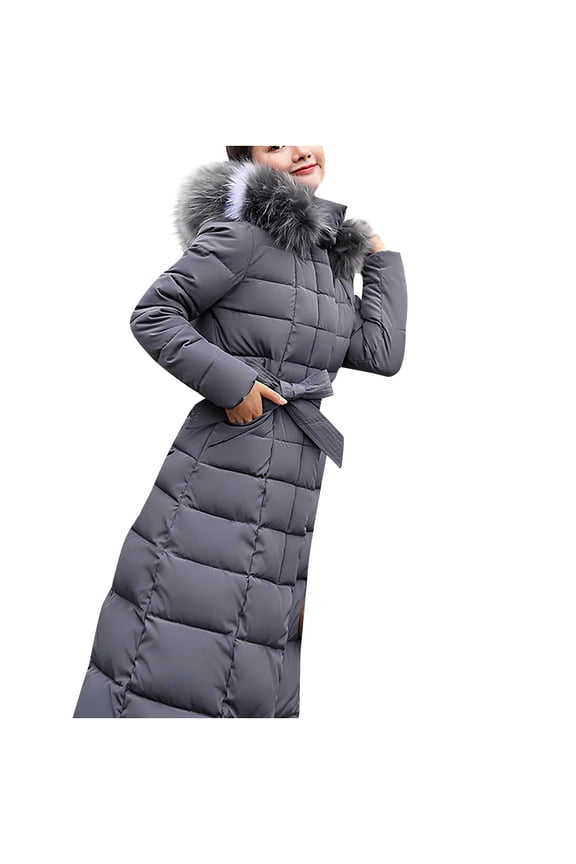 Women Fashion Long Collar Padded Coat Slim Thick Coat Warm Cotton Down Jacket Gray XXXL