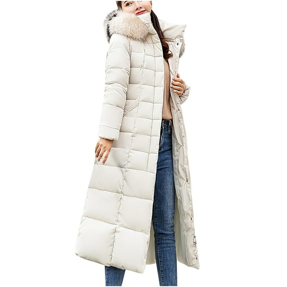 Lyinloo Women Fashion Long Collar Padded Coat Slim Thick Coat Warm Cotton Down Jacket White XXXL