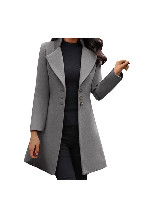 Women Fashion Long Sleeve Woolen Lapel Solid Color Long Jacket Coat Gray M