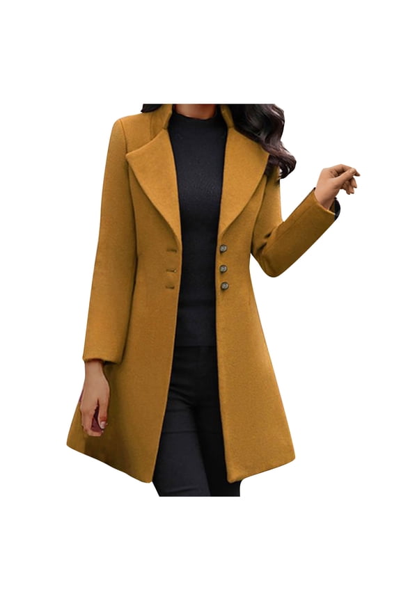 Women Fashion Long Sleeve Woolen Lapel Solid Color Long Jacket Coat Yellow L