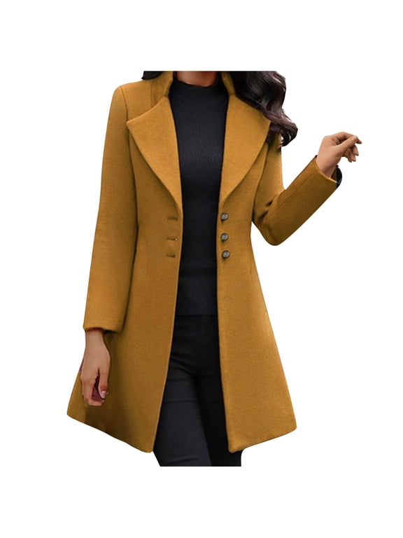 Women Fashion Long Sleeve Woolen Lapel Solid Color Long Jacket Coat Yellow L