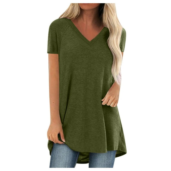 Lyinloo Women Fashion Plus Size Print V Neck Short Sleeved Long T-shirt Blouse Green L