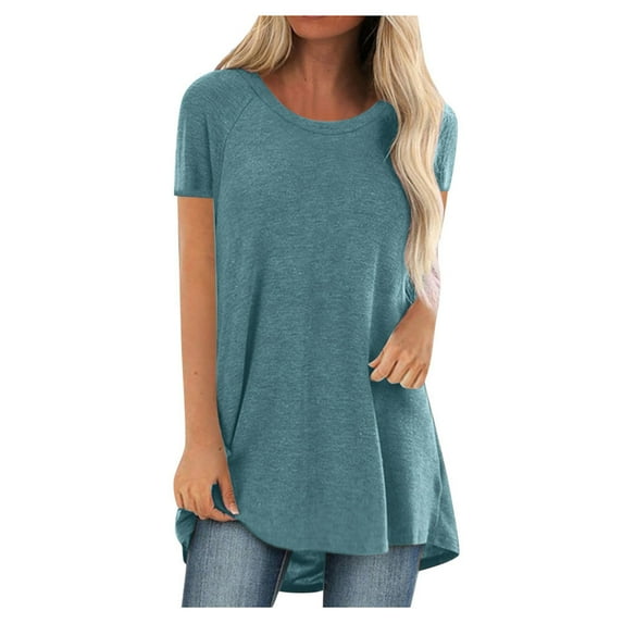 Lyinloo Women Fashion Plus Size Round Neck Short Sleeved Long T-shirt Blouse Blue XXXXXL