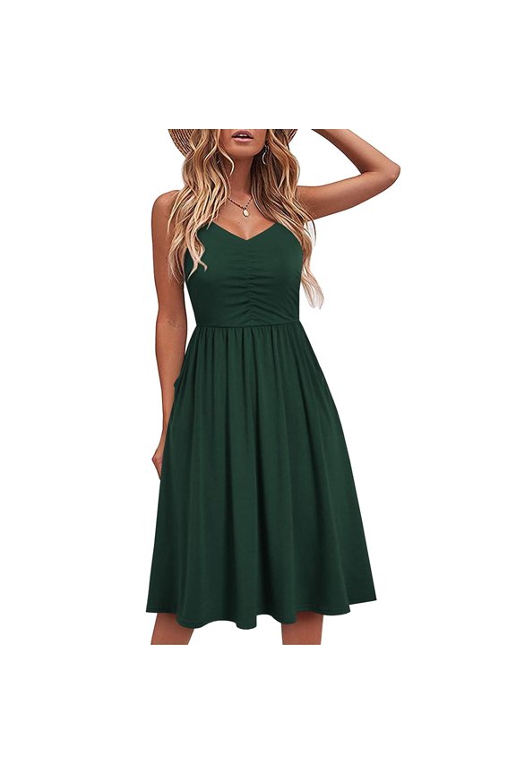 Women Fashion Summer Seaside Sling Sleeveless V-Neck Solid Color Casual Dress Army Green S