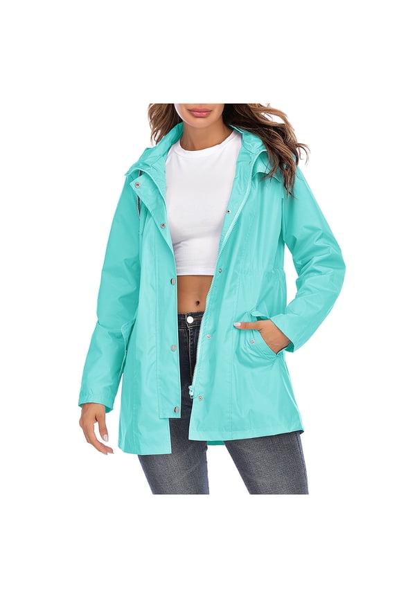 Women Hooded Waterproof Zipper Mid-length Windproof Waterproof Raincoat Jacket Light Blue XL