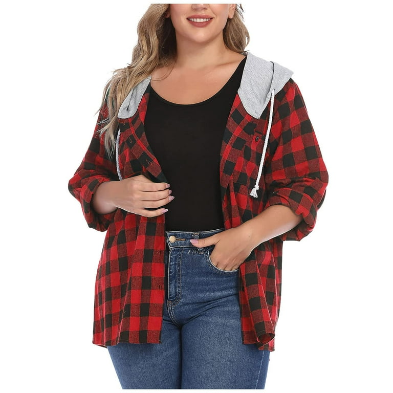 Lyinloo Women Hoodie Plaid Flannel Shirt Plus Size Long Sleeve Jacket  Sweatshirt Blouse Red M
