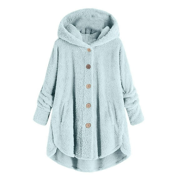 Lyinloo Women Plus Size Button Plush Tops Hooded Loose Cardigan Wool Coat Winter Jacket Sky Blue XXXL