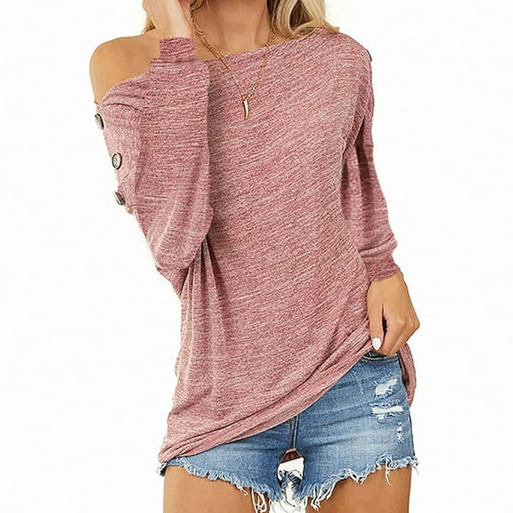 Lyinloo Women'S Loose One-Word off-Shoulder Button Long-Sleeved T-Shirt top