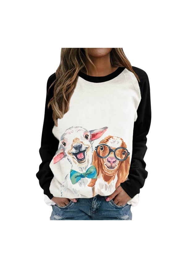 Women Sheep And Dog Print Stitching Contrast Top Sweater Long Sleeves Black S