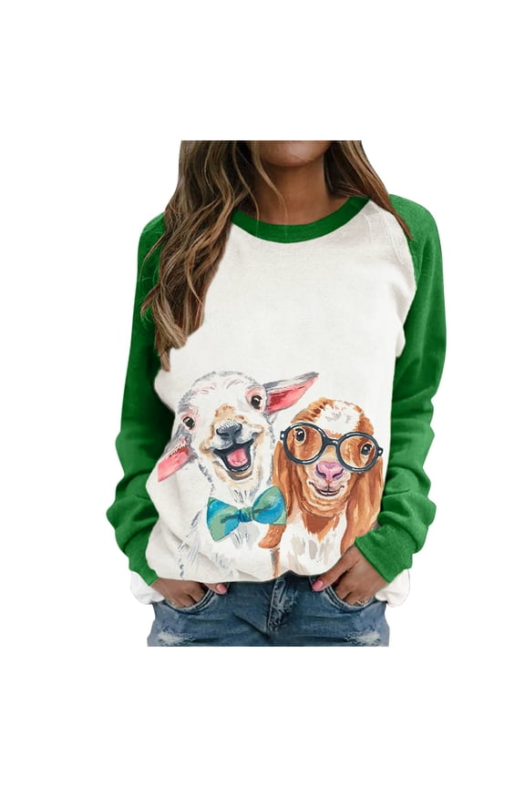 Women Sheep And Dog Print Stitching Contrast Top Sweater Long Sleeves Green XXL