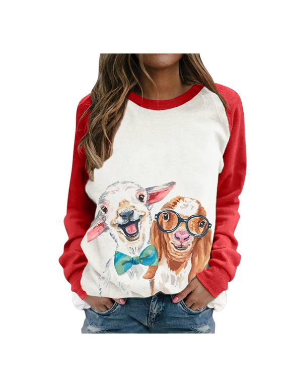 Women Sheep And Dog Print Stitching Contrast Top Sweater Long Sleeves Red S