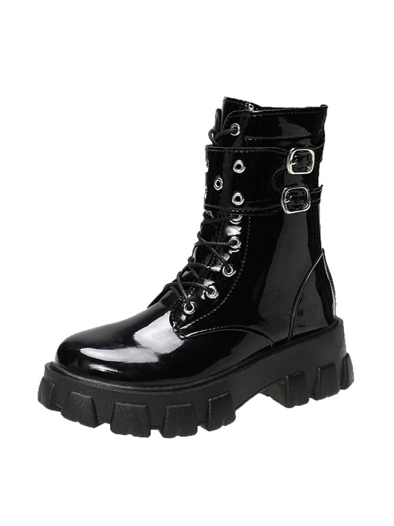 Women Shoes Hasp Mid Heel Flat Bottom Zipper Laceing Fashion Glossy Buckle Leath Black 40