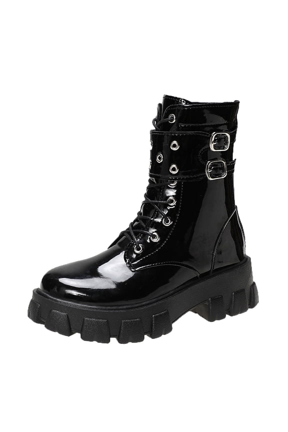 Women Shoes Hasp Mid Heel Flat Bottom Zipper Laceing Fashion Glossy Buckle Leath Black 40