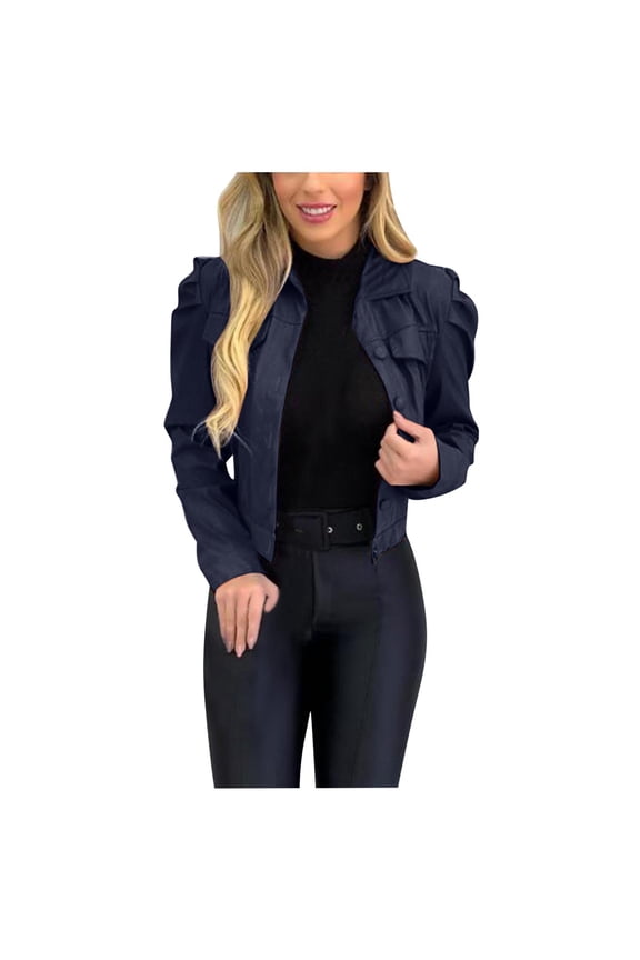 Women Solid Ladies Lapel Motor Jacket Coat Zip Biker Short Punk Cropped Tops Navy L