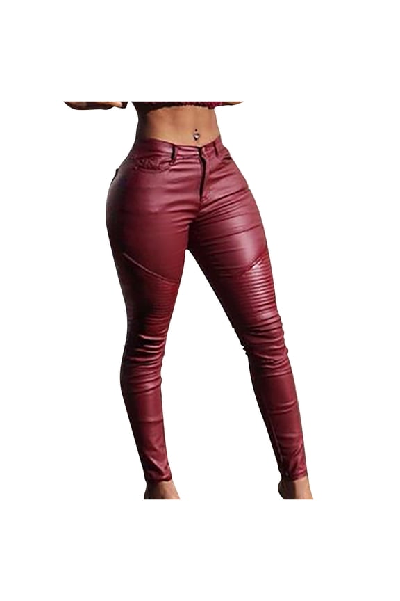 Women Solid Pleated Leather Trousers Tight-Fitting Stretch Leggings Trousers Pants Wine S